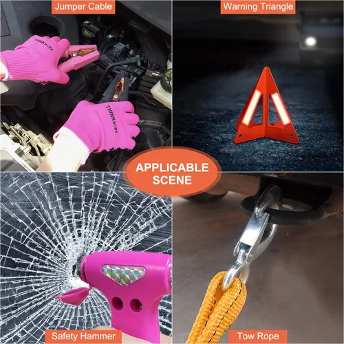 Miniatura 7 de THINKWORK - Kit de emergencia de automóvil, kit de asistencia de emergencia en carretera con cables de arranque de 10 pies, kit de primeros Rosado