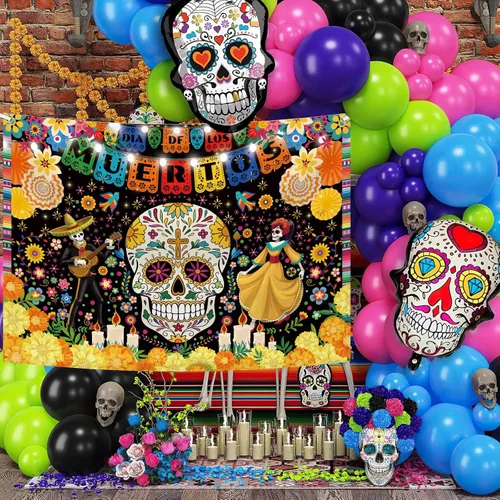 Miniatura 5 de MEHOFOND Telón de fondo del Día de los Muertos de 7 x 5 pies para fiesta mexicana, Día de los Muertos, decoración de fiesta de cumpleaños, pancarta