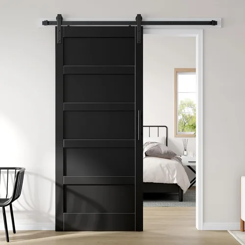 Miniatura 30 de Fredbeck Puerta de granero blanca de 30 x 84 pulgadas con kit de herrajes para puerta corredera de 5.5 pies incluido y asa, sólida, MDF, superficie