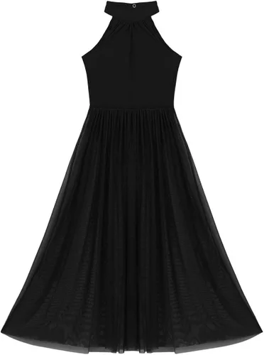 Miniatura 3 de FEESHOW Vestido de baile lírico con cuello alto falso para niñas, falda de malla transparente, trajes modernos de baile