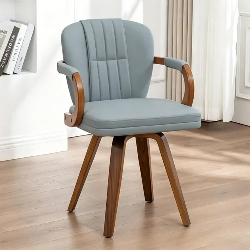 Miniatura 15 de Sillas de comedor giratorias de mediados de siglo, modernas sillas de cocina tapizadas de piel sintética negra con marco de madera curvada, sillas
