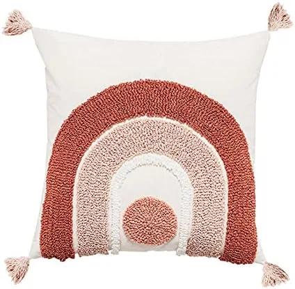 Miniatura 8 de Bonita funda de almohada lumbar tejida de algodón rosa con borlas y diamantes étnicos bohemios indios con borlas, funda de cojín acogedora