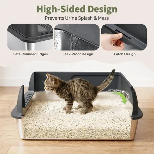 Miniatura 2 de Gimars Paquete de 2 cajas de arena de acero inoxidable XL para gatos grandes y mayores, bandeja de arena de metal para gatos múltiples con lados