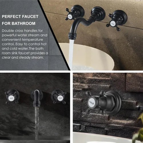 Miniatura 4 de Midanya Grifo de fregadero de baño extendido para montaje en pared, 3 agujeros, 2 pomos cruzados, latón lavabo mezclador, boquilla mezcladora, doble