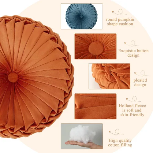 Miniatura 3 de Drydiet 3 Piezas Almohadas Redondas Decorativas de Terciopelo Plisado Almohadas de 15'' de Diámetro Acento Calabaza Boho Cojín de Silla para Sofá