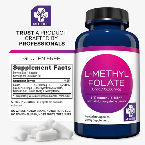 Miniatura 7 de MD. Life L-metilfolato de 15 mg - Suplemento de folato activo - Suplemento de máxima resistencia diseñado por el médico 5 Mthf L-metilfolato 15 mg