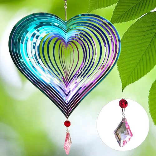 Miniatura 2 de Molinillo de viento para exteriores, de metal, 3D, para colgar en el patio, decoración de jardín, regalos de acero inoxidable con patrón de corazón
