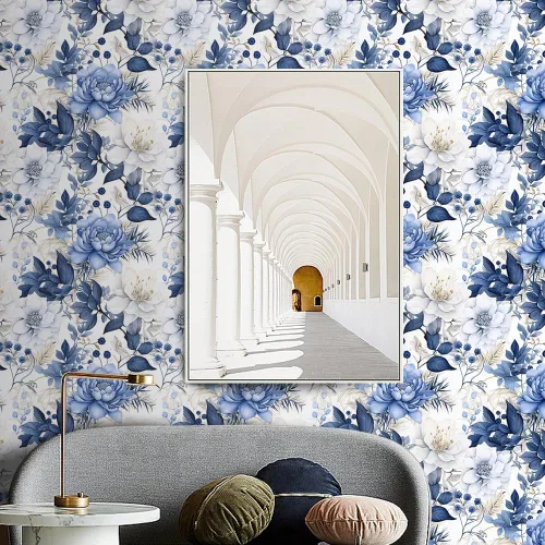 Miniatura 4 de Booming Peony - Papel tapiz floral de peonía para despegar y pegar - Papel tapiz autoadhesivo removible de hojas azul/blanco - Mural decorativo