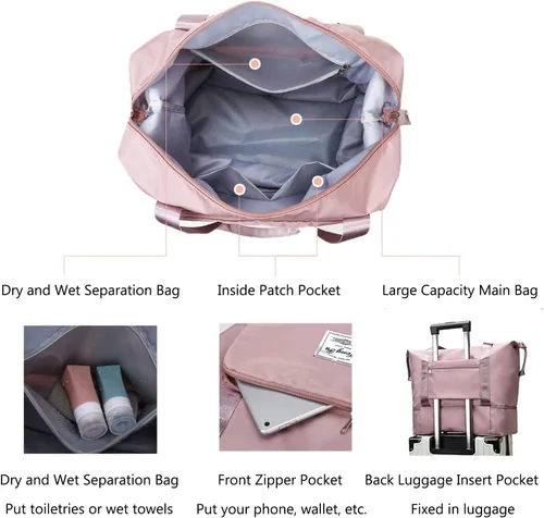 Miniatura 5 de Bolsa de viaje de gran capacidad, bolsa de lona expandible, resistente al agua, plegable, con compartimentos húmedossecos, bolsa de viaje de gran