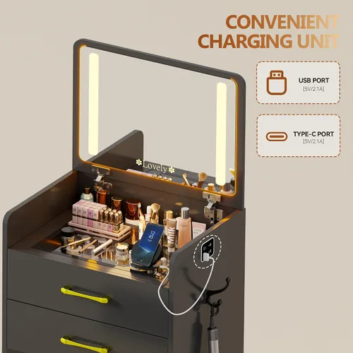 Miniatura 2 de Escritorio de tocador 3 en 1 con espejo abatible y luces, mesa de tocador de maquillaje con parte superior de vidrio con estación de carga, tocador