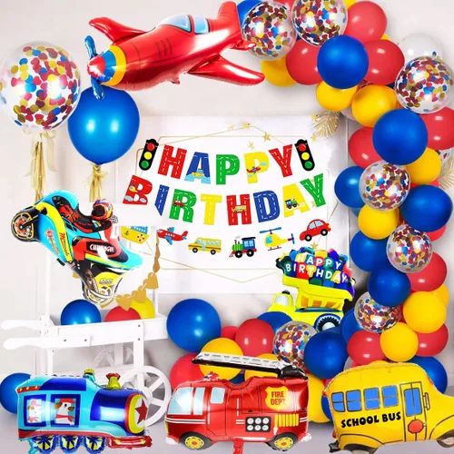 Miniatura 3 de MOVINPE Decoración de Cumpleaños de Transporte para Niños Pancarta de Feliz Cumpleaños Autos Autobús Escolar Tren Camión de Bomberos Motocicleta
