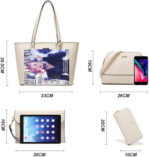 Miniatura 76 de Juego de 4 bolsas modernos para mujer de cuero sintético: bolso tote, bolso de hombro, bolso de mano y cartera.