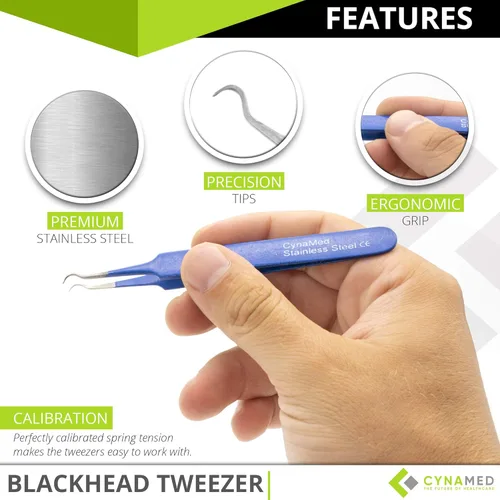 Miniatura 2 de Pinzas para puntos negros, extractor de comedia quirúrgica y astillas con punta de acero curvada profesional. Herramienta ideal para eliminar Azul