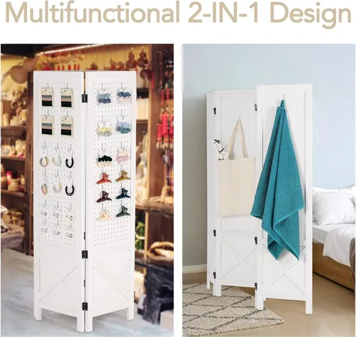 Miniatura 3 de Wnutrees Tablero de clavijas de 4 paneles, pantallas de privacidad plegables de madera de 5 pies, divisor de habitación, tablero portátil Blanco