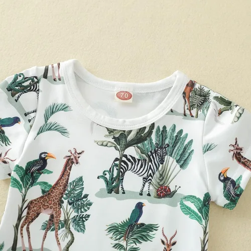 Miniatura 2 de Conjunto de ropa de verano para bebés y niños pequeños, mameluco de manga corta con estampado de animales de bosque, conjunto de 2 piezas
