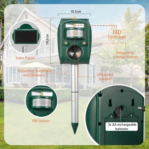 Miniatura 2 de Repelente solar ultrasónico de animales al aire libre, disuasorio de ardillas para gatos, perros y ciervos activado por movimiento, con luz