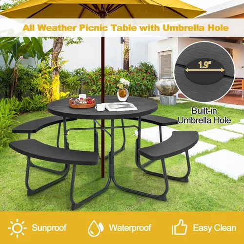 Miniatura 4 de Tangkula Mesa de Picnic para 8 Personas, Mesa de Picnic Redonda para Exteriores con 4 Bancos Incorporados, Agujero para Sombrilla, Estructura