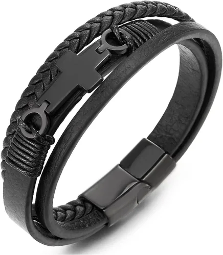 Miniatura 8 de Pulsera de cuero COOLSTEELANDBEYOND para hombre y mujer, cruz lateral plana, múltiples hebras, estilo brazalete