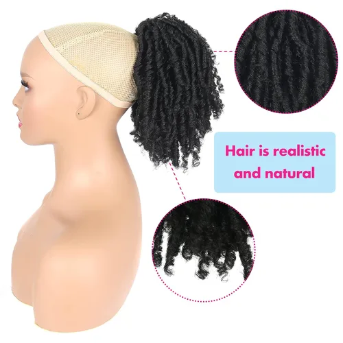 Miniatura 7 de Extensiones de cola de caballo de rastas para mujer, cola de caballo con cordón negro con extremos rizados, rastas sintéticas de diosa, extensiones