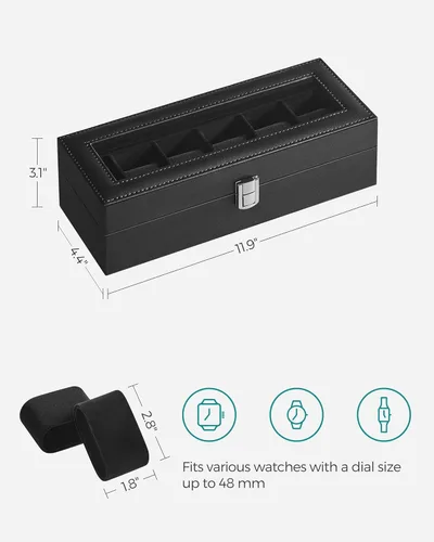 Miniatura 6 de SONGMICS Caja de reloj, caja de reloj de 6 ranuras con tapa de vidrio grande, almohadas extraíbles para reloj, organizador de caja de reloj, regalo