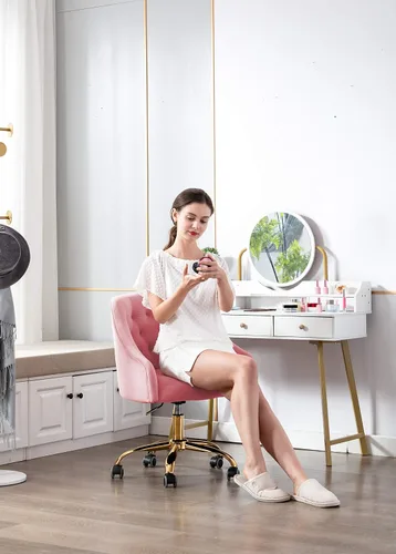 Miniatura 4 de Silla de Trabajo Cómoda para Oficina en Casa con Ruedas, Bonita y Moderna Tapizada de Terciopelo con Respaldo de Concha Marina Ajustable Giratoria