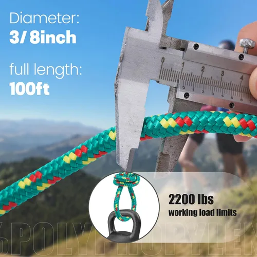 Miniatura 2 de Cuerda de polipropileno trenzada de diamante de 3/8 de pulgada y 100 pies, cuerdas marinas gruesas multiusos para barco para camping y asta de Verde