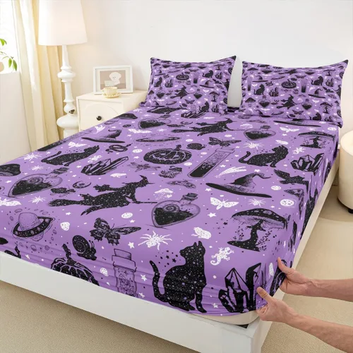 Miniatura 4 de Sábana bajera ajustable de Halloween tamaño individual, sábanas de calabaza y gato para niñas y niños, sombrero de bruja espeluznante morado