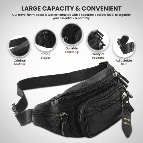 Miniatura 4 de Riñonera multifunción de cuero genuino para hombres y mujeres, múltiples bolsillos y cremalleras resistentes, ideal para senderismo, correr
