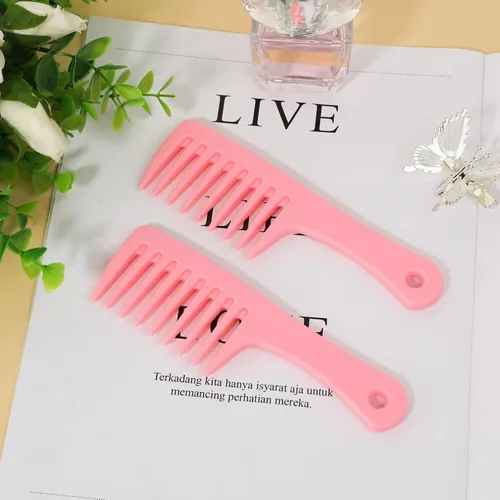 Miniatura 2 de Mini peines desenredantes de dientes anchos y tamaño de viaje, 2 peines de plástico portátiles para peinar cabello rizado, largo y húmedo Rosa