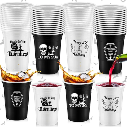 Rtteri Paquete de 48 decoraciones de tazas de la muerte a mis 20 de 16 onzas Rip to My 20s Cups góticas, decoraciones de cumpleaños de 30