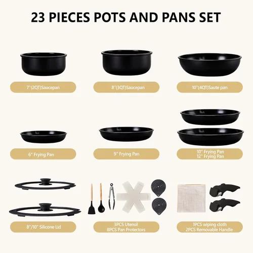 Miniatura 2 de Bonnlo Juego de 23 utensilios de cocina antiadherentes, juego de ollas y sartenes de aluminio fundido con asas extraíbles y desmontables, juego