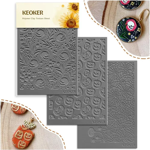 Keoker Hojas de textura de arcilla polimérica para Halloween, tapete de textura de arcilla de Halloween para hacer aretes y joyas (No. 1-3)