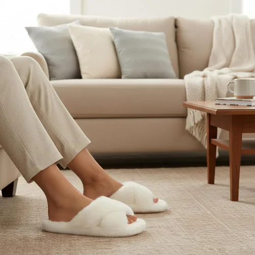 Miniatura 2 de Pantuflas mullidas para mujer, con banda cruzada, zapatos de casa para mujer, espuma viscoelástica, puntera abierta, silenciosas