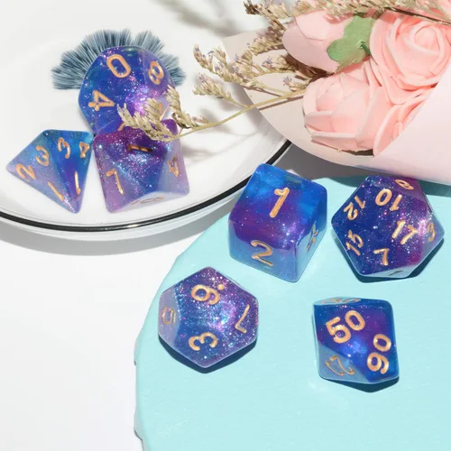 Miniatura 4 de Dados DND Galaxy de 7 piezas, con purpurina cósmica, morado y azul, mezcla de dados DND poliédricos para RPG MTG