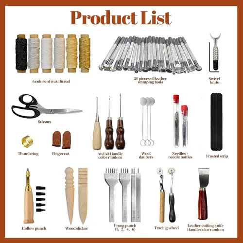 Miniatura 7 de FIOQE Kit de herramientas de cuero y manualidades para principiantes, 72 herramientas de cuero con bolsa de almacenamiento para coser, tallar