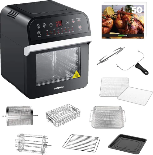 GoWISE USA GW44800-O Freidora de aire eléctrica de lujo de 12.7 cuartos de galón, 15 en 1, con asador y deshidratador + 50 recetas QT, negro/plata