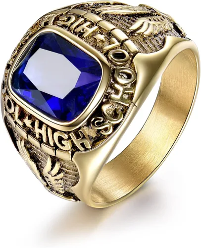 MASOP Royal Blue Sapphire Color Anillo Acero Inoxidable Hombres Joyería Celebrar la Escuela Secundaria Anillos Tamaño 8-15