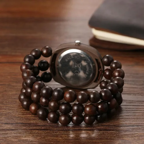 Miniatura 4 de JewelryWe Reloj elástico de madera bohemio pulsera de madera con cuentas Tonneau hecha a mano, esfera floral con banda elástica, reloj de pulsera