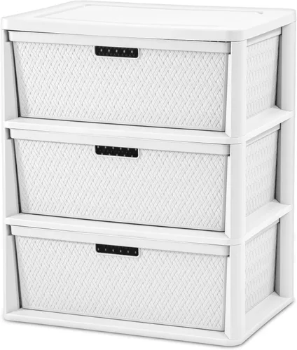 Organizador de torre de tejido ancho de 3 cajones, gabinete de almacenamiento de plástico con asas de tirador, color blanco