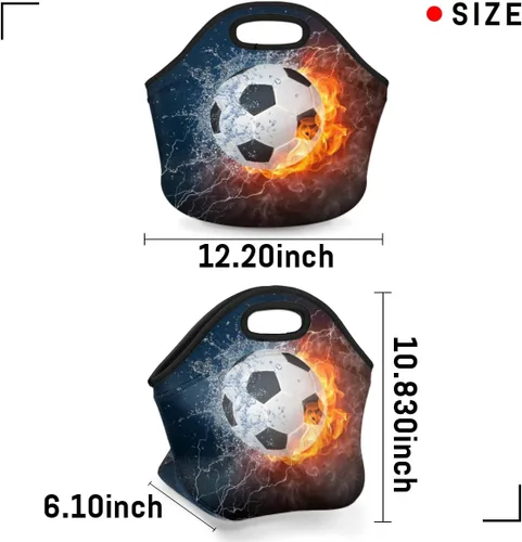 Miniatura 3 de Bolsas de almuerzo de neopreno con balón de fútbol en fuego de hielo para mujeres, bolsas de almuerzo, lavables, aisladas, para el trabajo, picnic