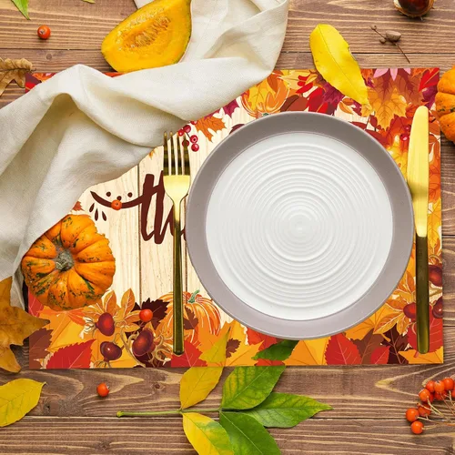 Miniatura 4 de Whaline 100 manteles individuales de papel de Acción de Gracias, hojas de calabaza, desechables, manteles individuales decorativos de otoño, 14 x