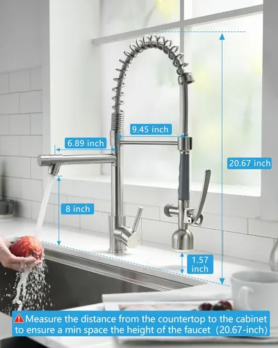 Miniatura 6 de Fapully - Grifo de fregadero de cocina comercial con mango único extraíble con rociador, níquel cepillado, con luz LED
