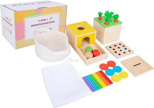 Juguetes Montessori para bebés de 1 año - Kit de juego 4 en 1 incluye juego de cosecha de zanahorias, caja de monedas para bebés, juguetes de