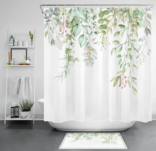 Miniatura 28 de LB Juego de cortinas de ducha de mariposa y flores con alfombras, margaritas y morado lavanda, hojas de eucalipto, cortina de ducha verde