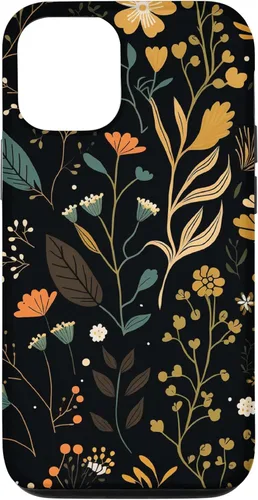 Funda negra para iPhone 12/12 Pro con diseño floral, estética, simple, bohemio, moderno, flores botánicas