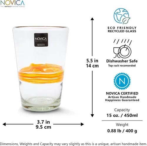 Miniatura 5 de NOVICA Vasos de jugo de vidrio reciclado, soplados a mano, hechos a mano, color amarillo, artesanal, 15 onzas, cinta de sol (juego de 6)