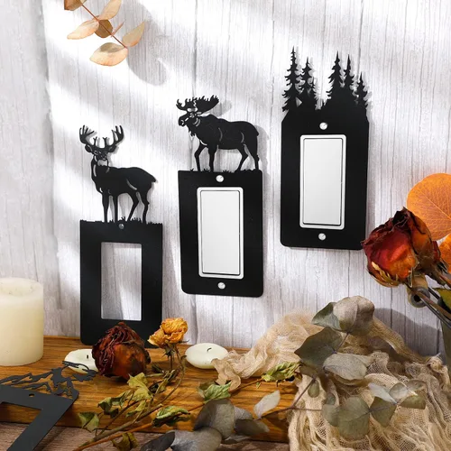 Miniatura 2 de Kingdder 12 piezas de metal para interruptor de luz de oso, alce, árbol, montaña, alce, placa de interruptor de luz negra, cubierta de pared