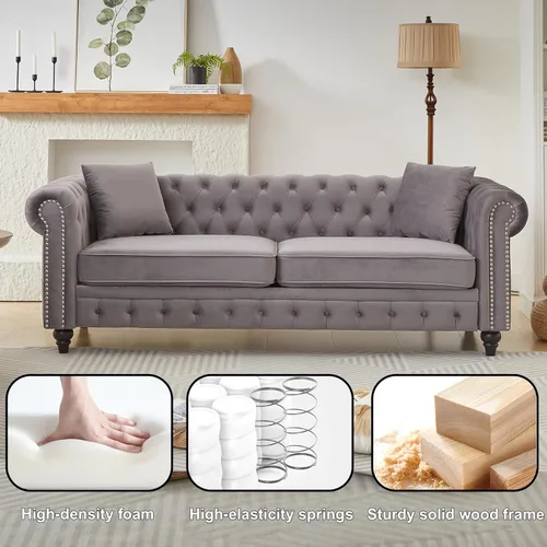 Miniatura 5 de Sofá Chesterfield de terciopelo grande de 85.5 pulgadas, sofá moderno de 3 plazas con brazos enrollados con diseño de botón y 2 cojines para sala