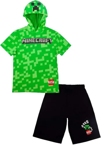 Minecraft Conjunto corto de disfraz para niños con pantalón corto TNT negro y logotipo de Mincraft en camiseta con capucha verde