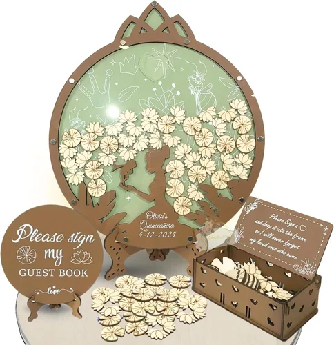 Miniatura 21 de Quinceanera Guest Book Alternative, Personalized Wooden Acrylic Princess Dress Frame with Butterfly Drop Chips, Custom Name Date Sign in Keepsake Set